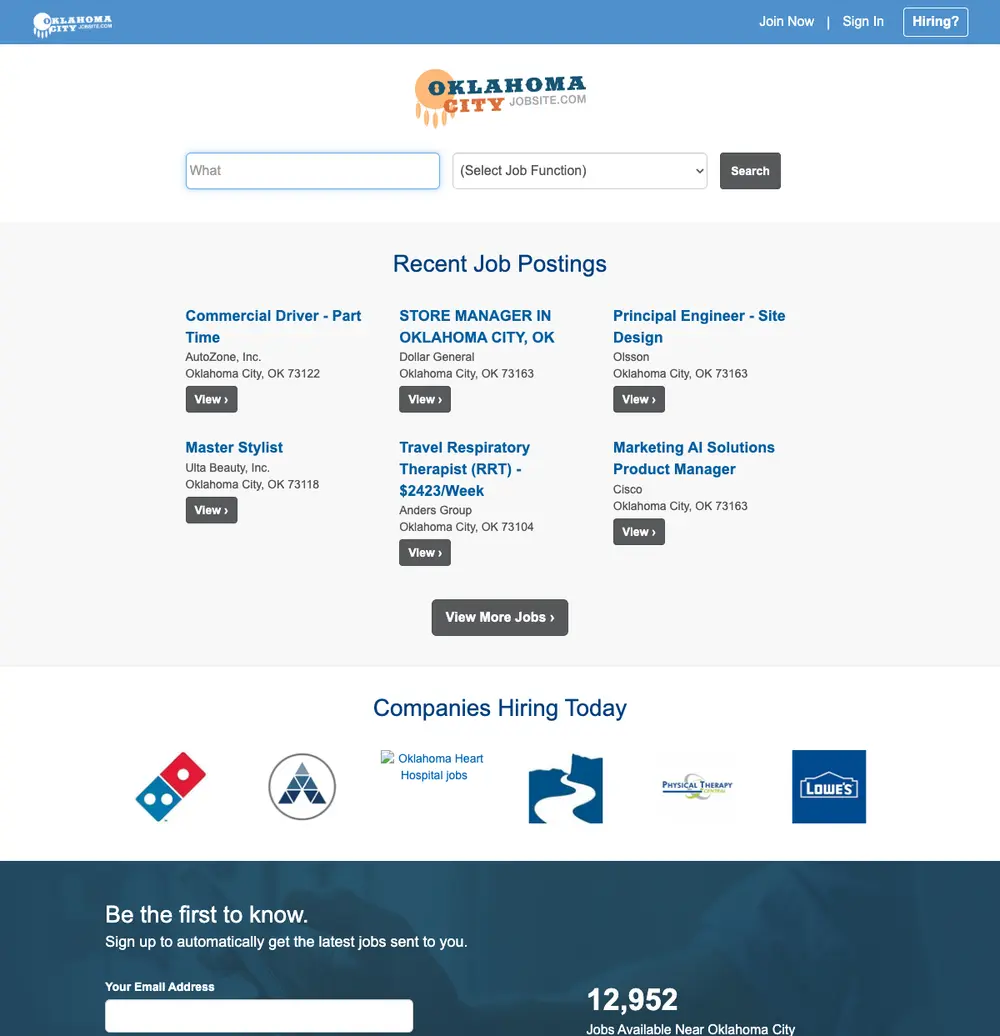 Oklahoma City Jobsite job board platform screenshot showing job search interface