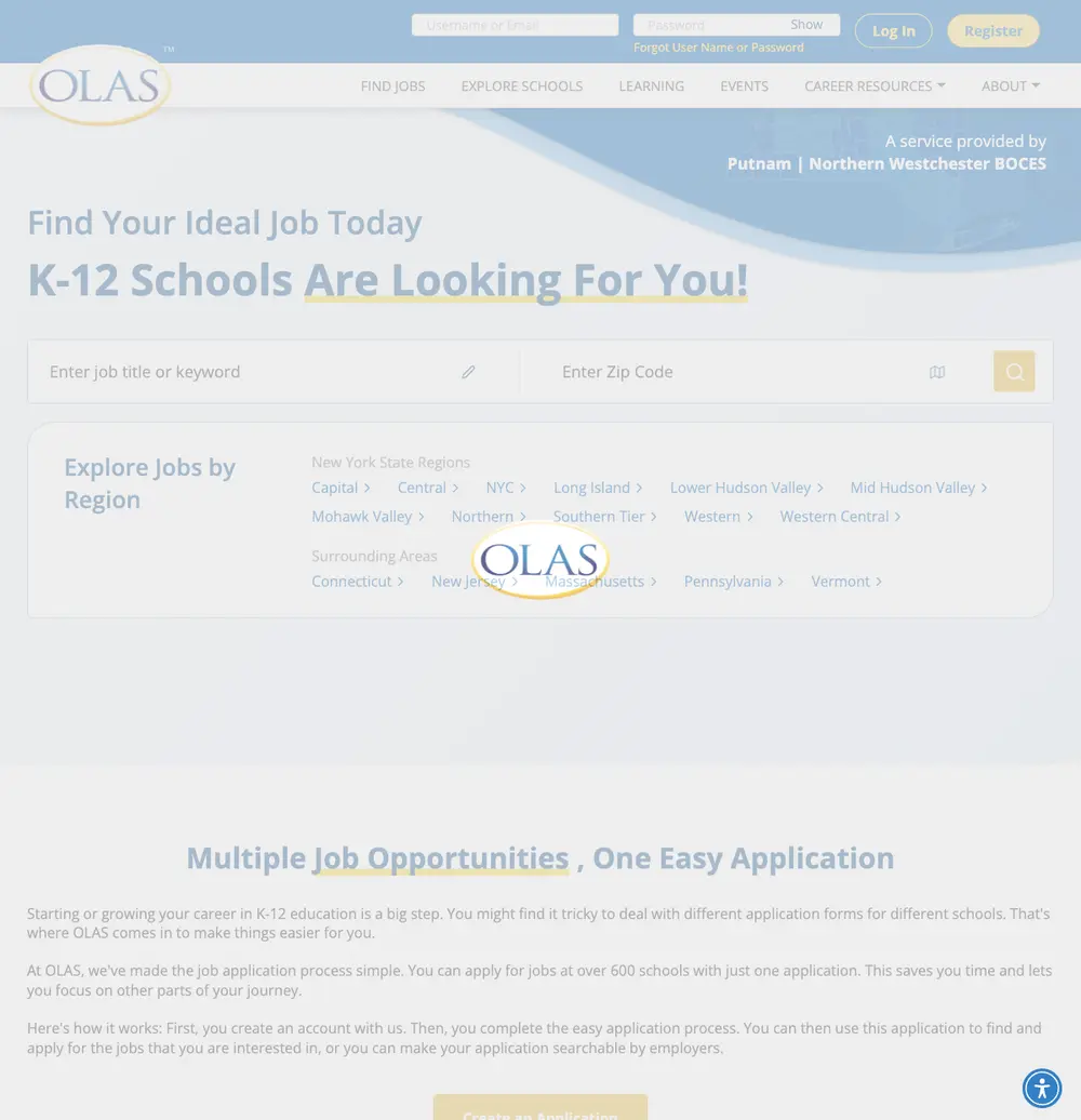 OLAS Jobs job board platform screenshot showing job search interface