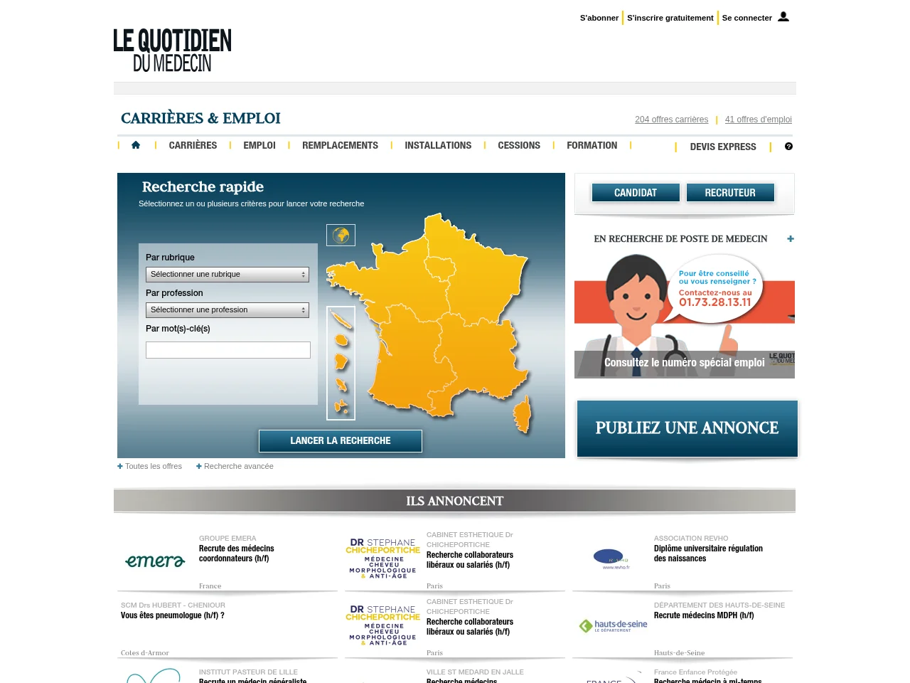 Carrières & Emploi job board platform screenshot showing job search interface