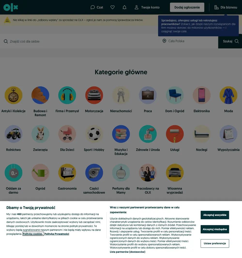 OLX.pl job board platform screenshot showing job search interface