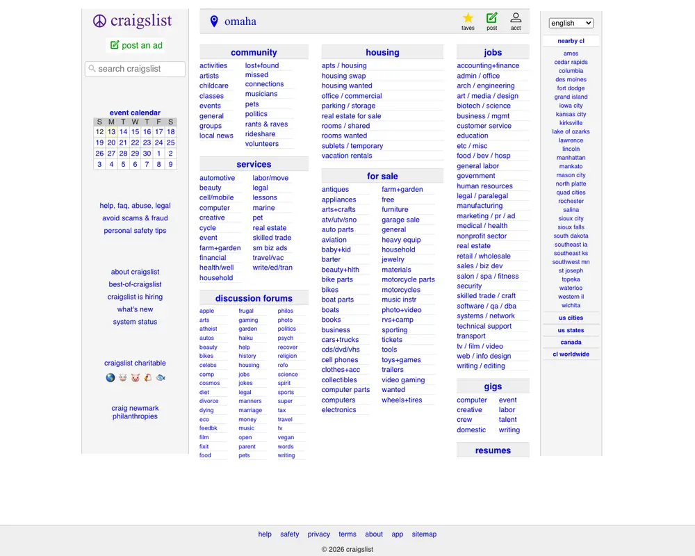 craigslist Omaha job board platform screenshot showing job search interface