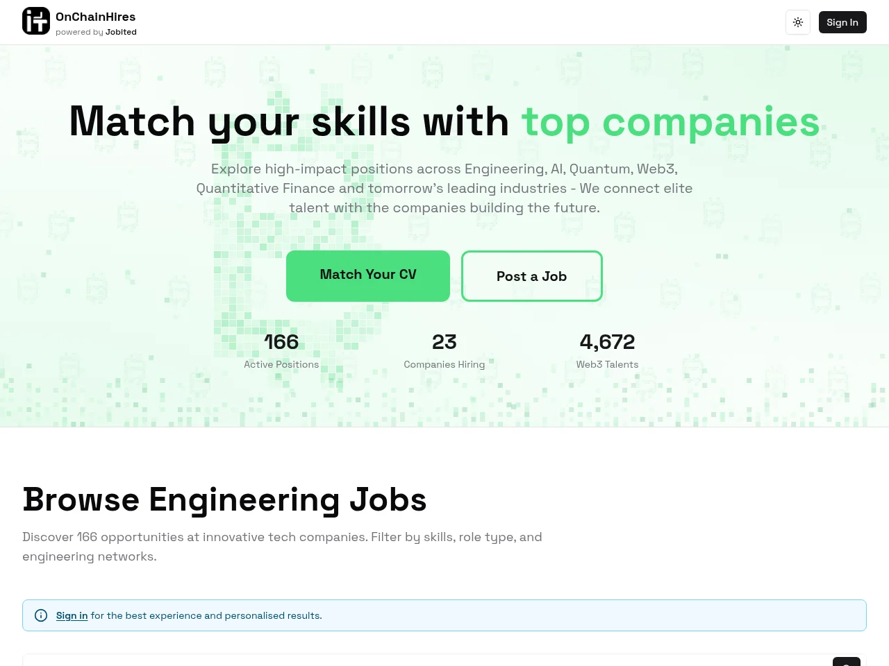 Onchain Hires screenshot Onchain Hires job board platform screenshot showing job search interface