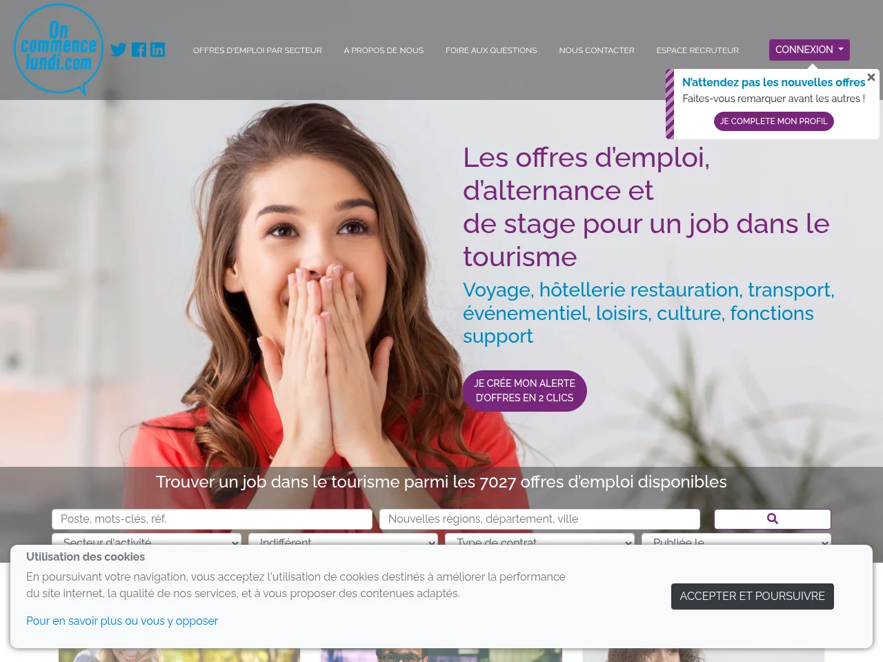 On commence lundi job board platform screenshot showing job search interface
