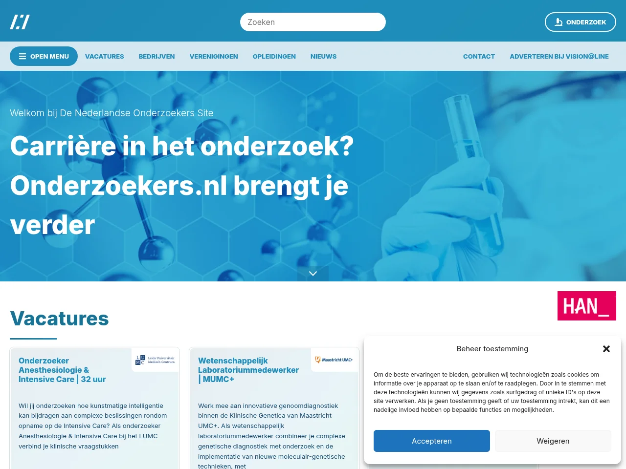 Onderzoekers.nl job board platform screenshot showing job search interface