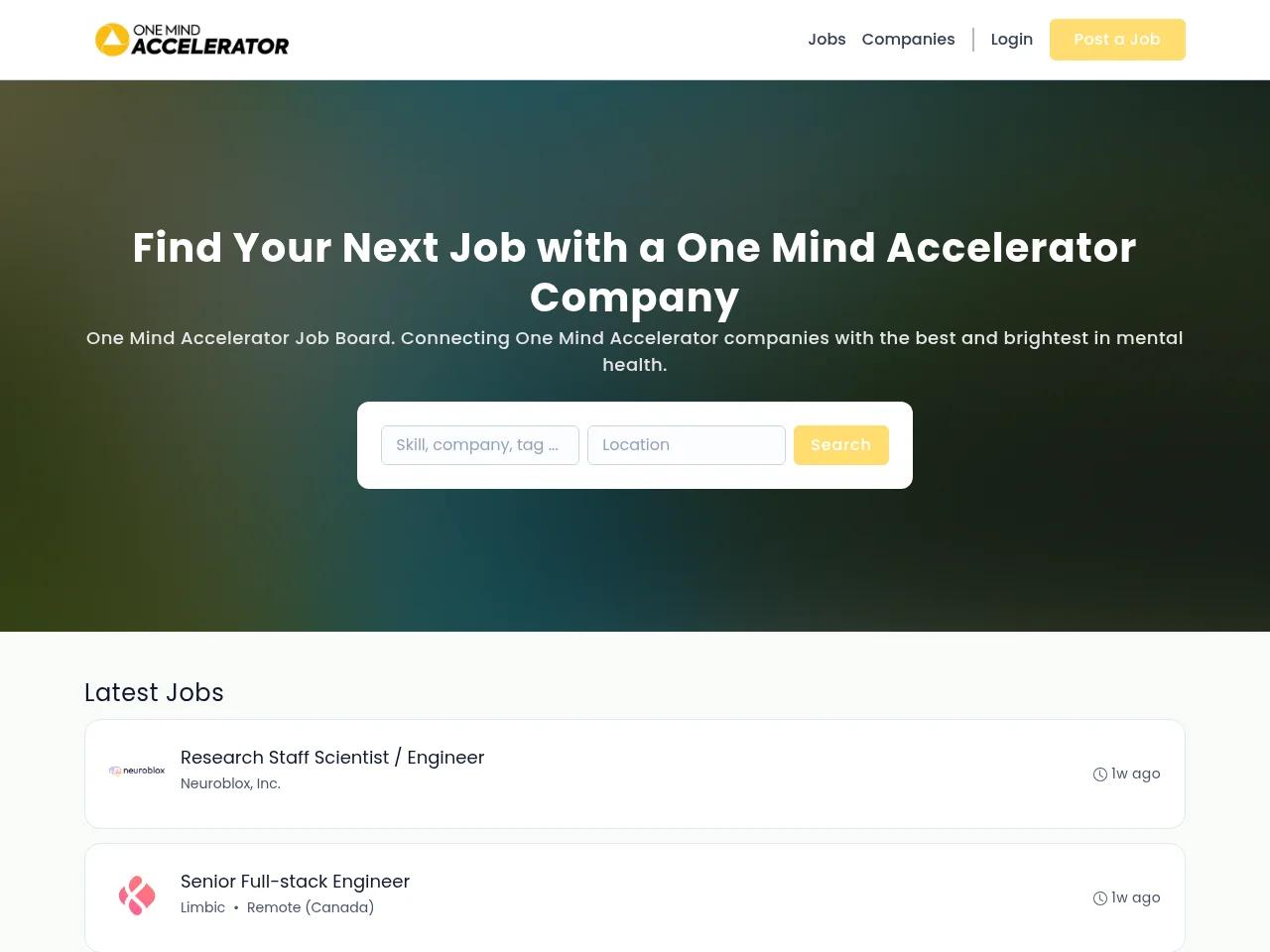 One Mind Accelerator Job Board screenshot One Mind Accelerator Job Board job board platform screenshot showing job search interface