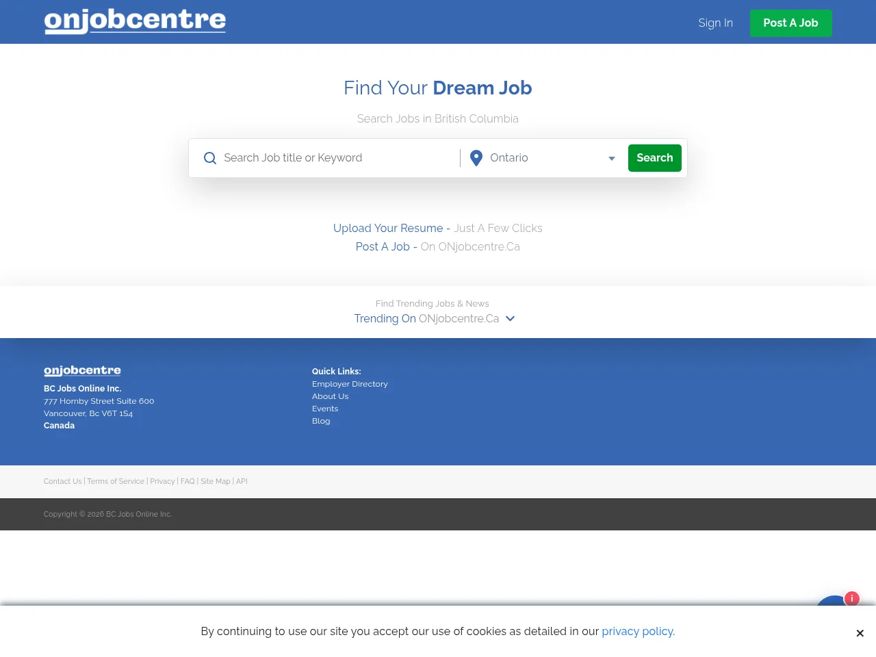 ONjobcentre.ca job board platform screenshot showing job search interface