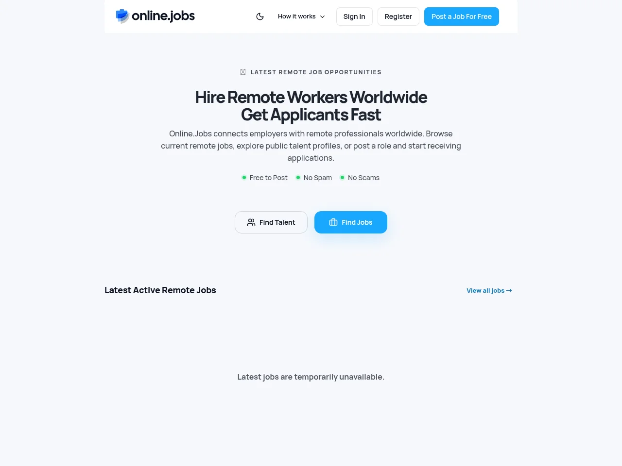 Online.Jobs job board platform screenshot showing job search interface