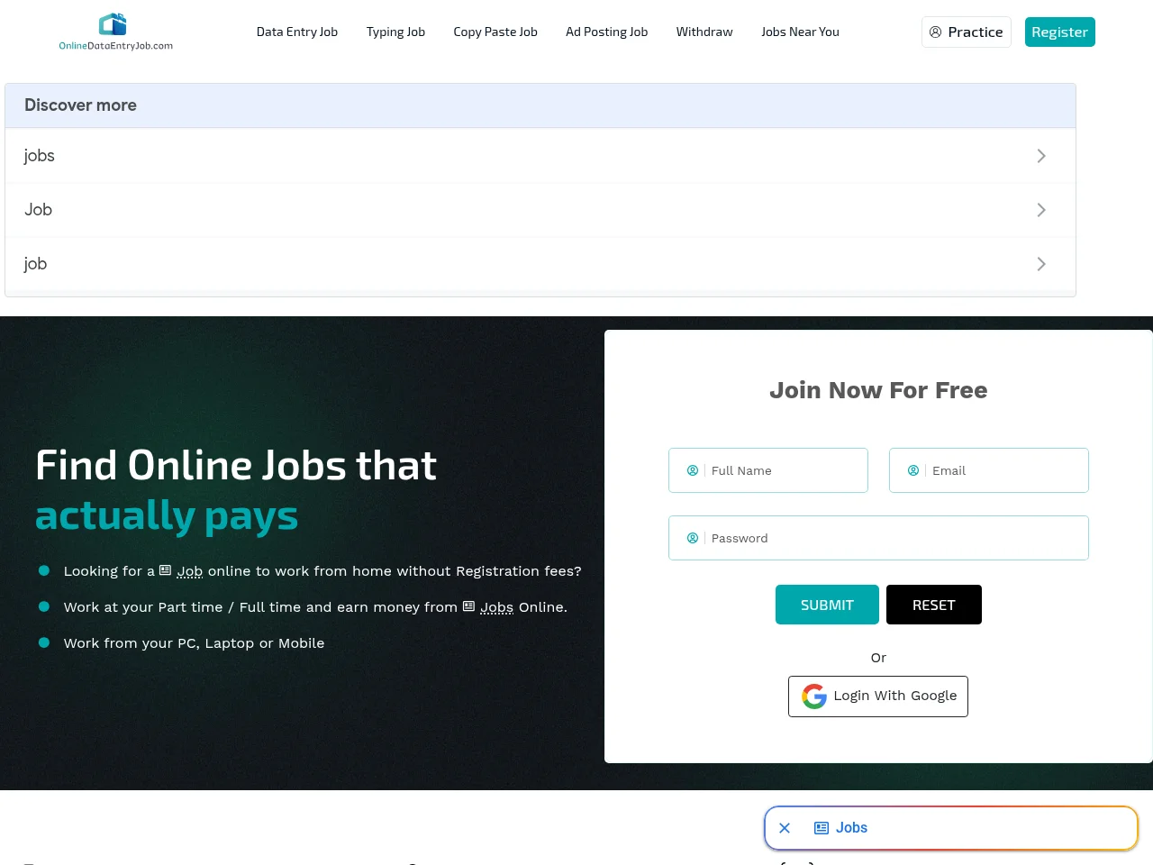 OnlineDataEntryJob.com job board platform screenshot showing job search interface