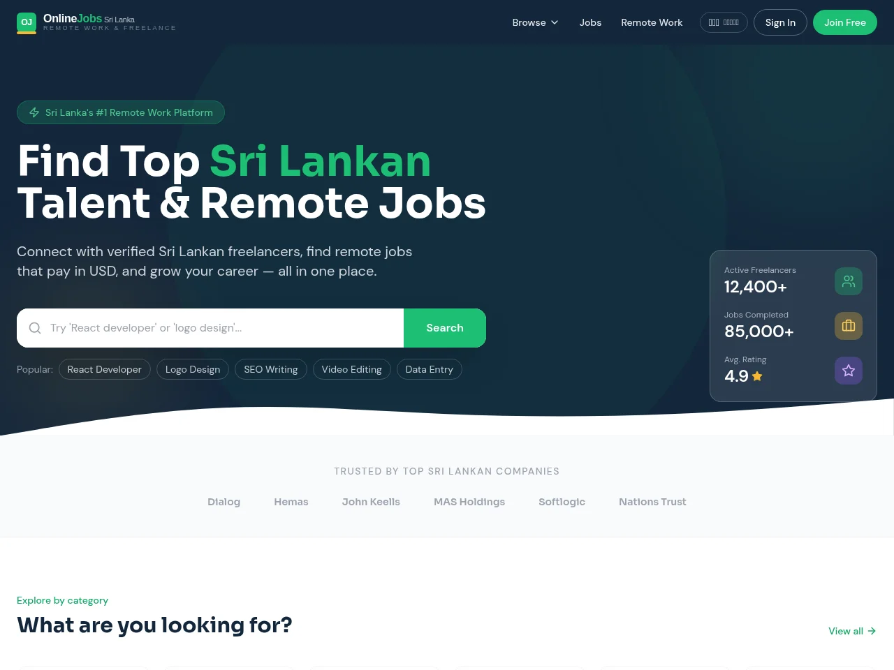 OnlineJobsSriLanka job board platform screenshot showing job search interface