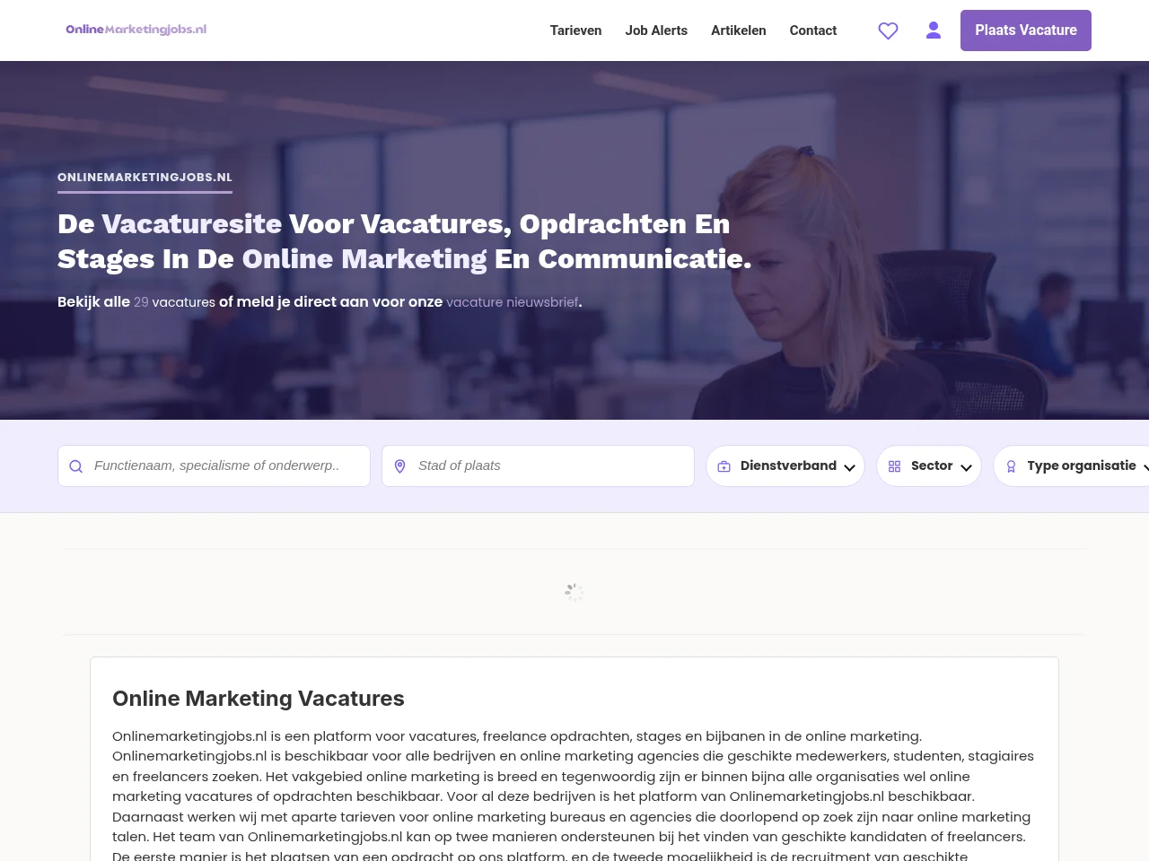 OnlineMarketingjobs.nl job board platform screenshot showing job search interface
