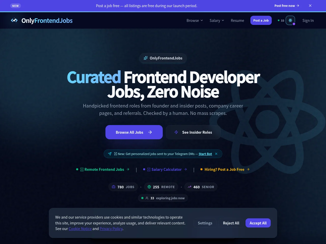 OnlyFrontendJobs job board platform screenshot showing job search interface