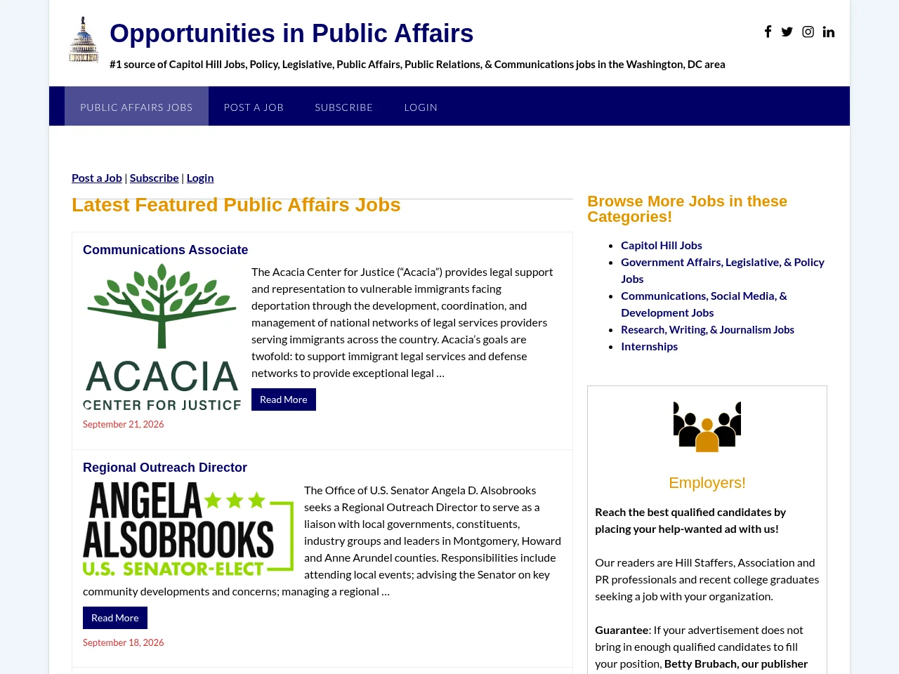 Opportunities in Public Affairs screenshot Opportunities in Public Affairs job board platform screenshot showing job search interface