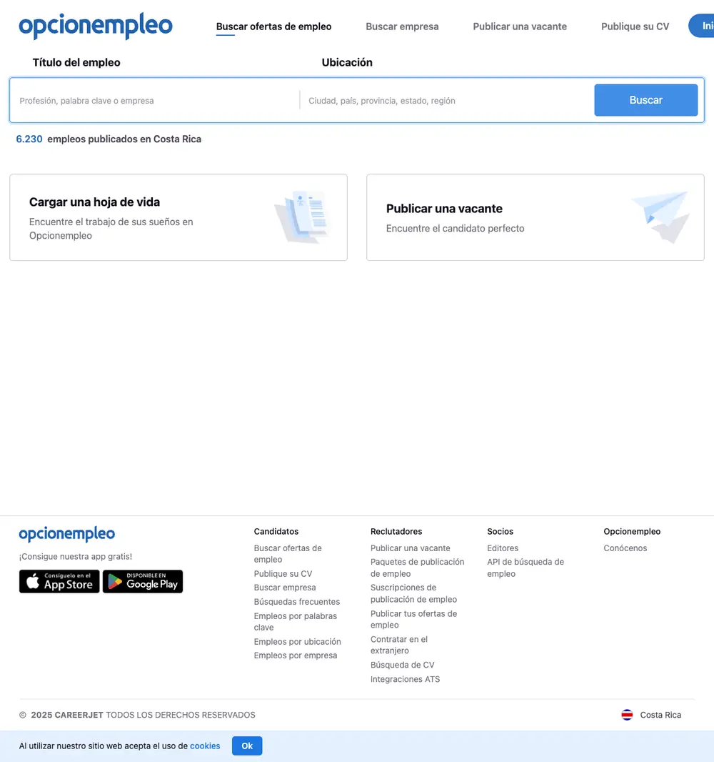 Opcionempleo job board platform screenshot showing job search interface