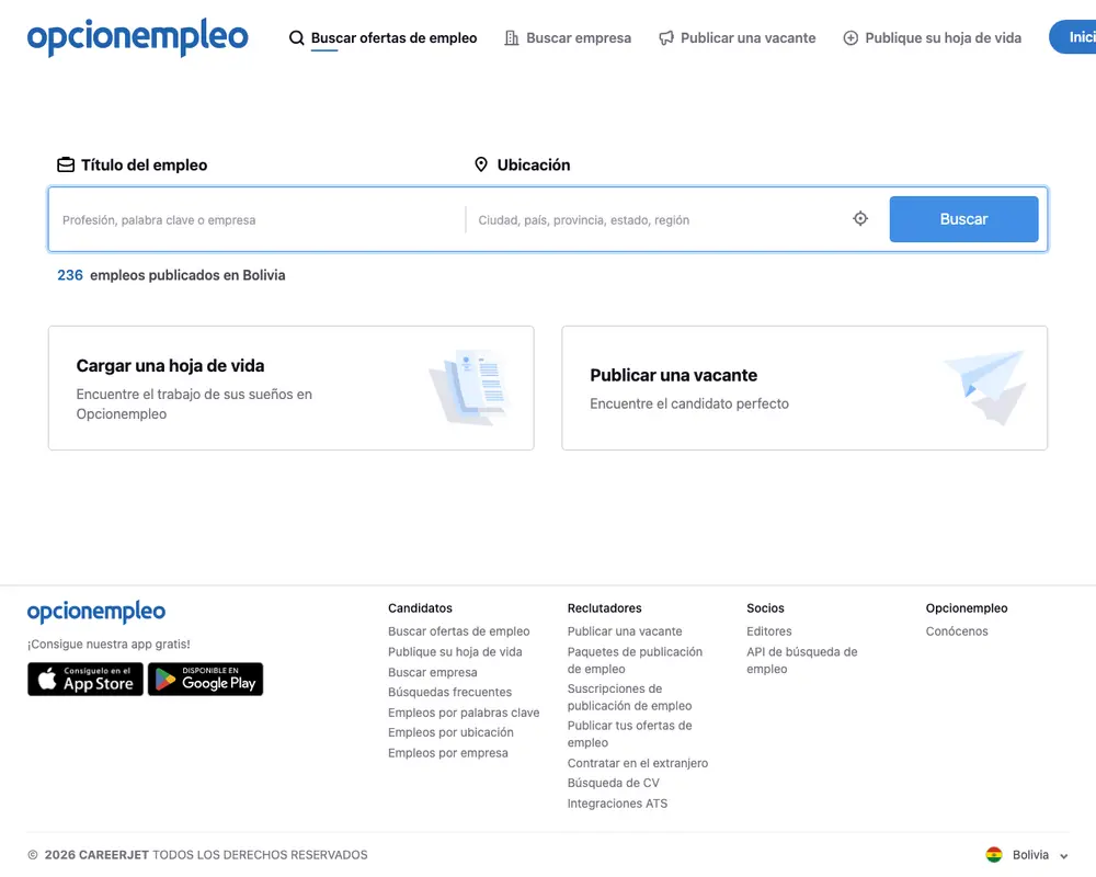 Opcionempleo job board platform screenshot showing job search interface