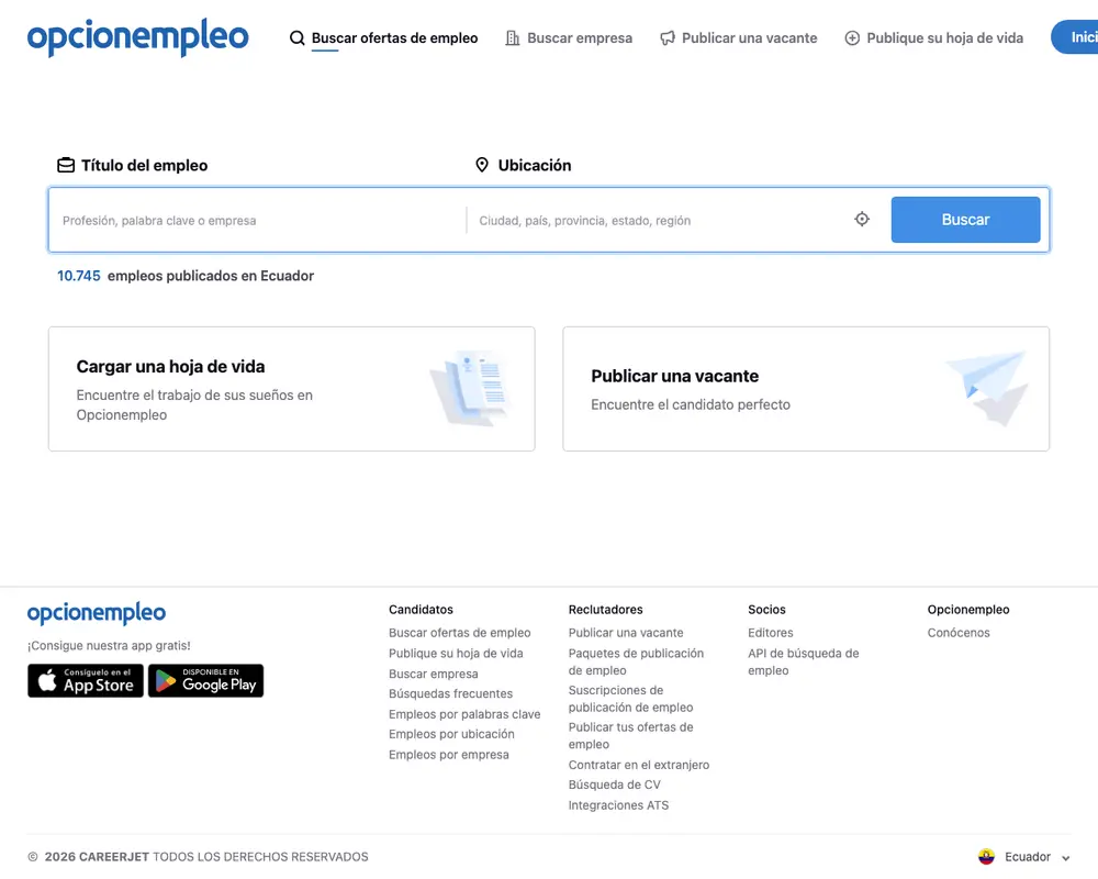 Opcionempleo.ec job board platform screenshot showing job search interface