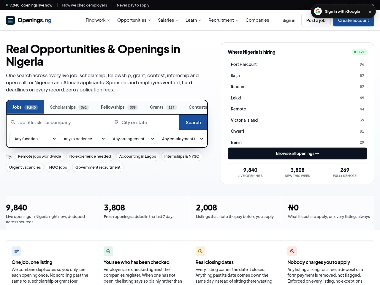Openings website screenshot