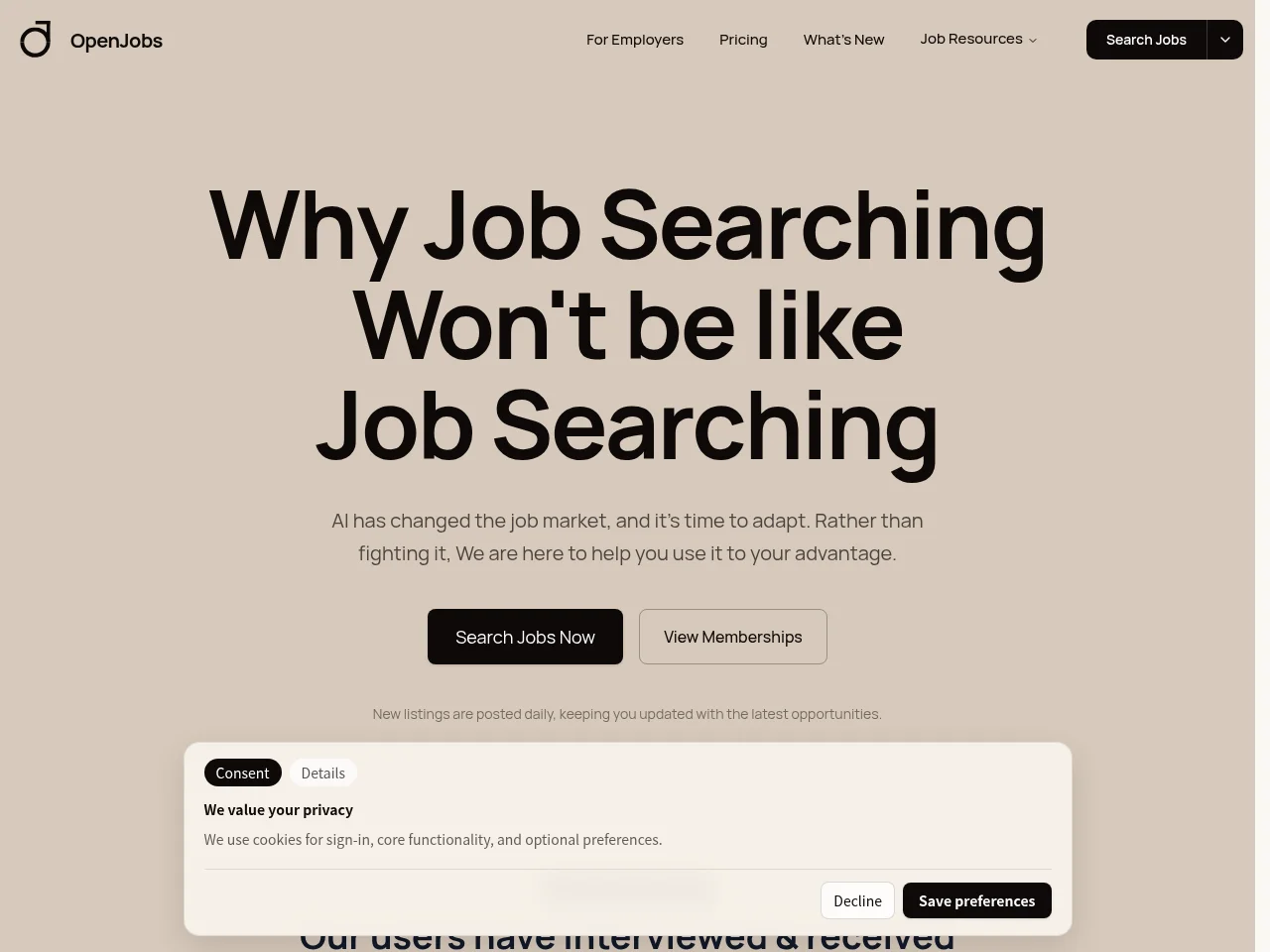 OpenJobs job board platform screenshot showing job search interface