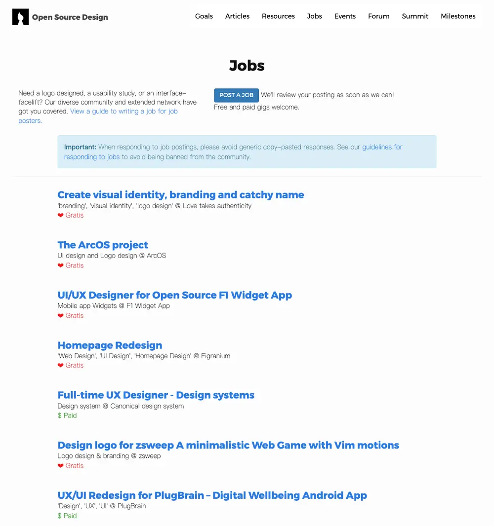 Open Source Design Jobs job board platform screenshot showing job search interface