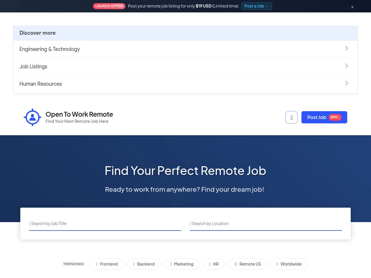 OpenToWorkRemote job board platform screenshot showing job search interface