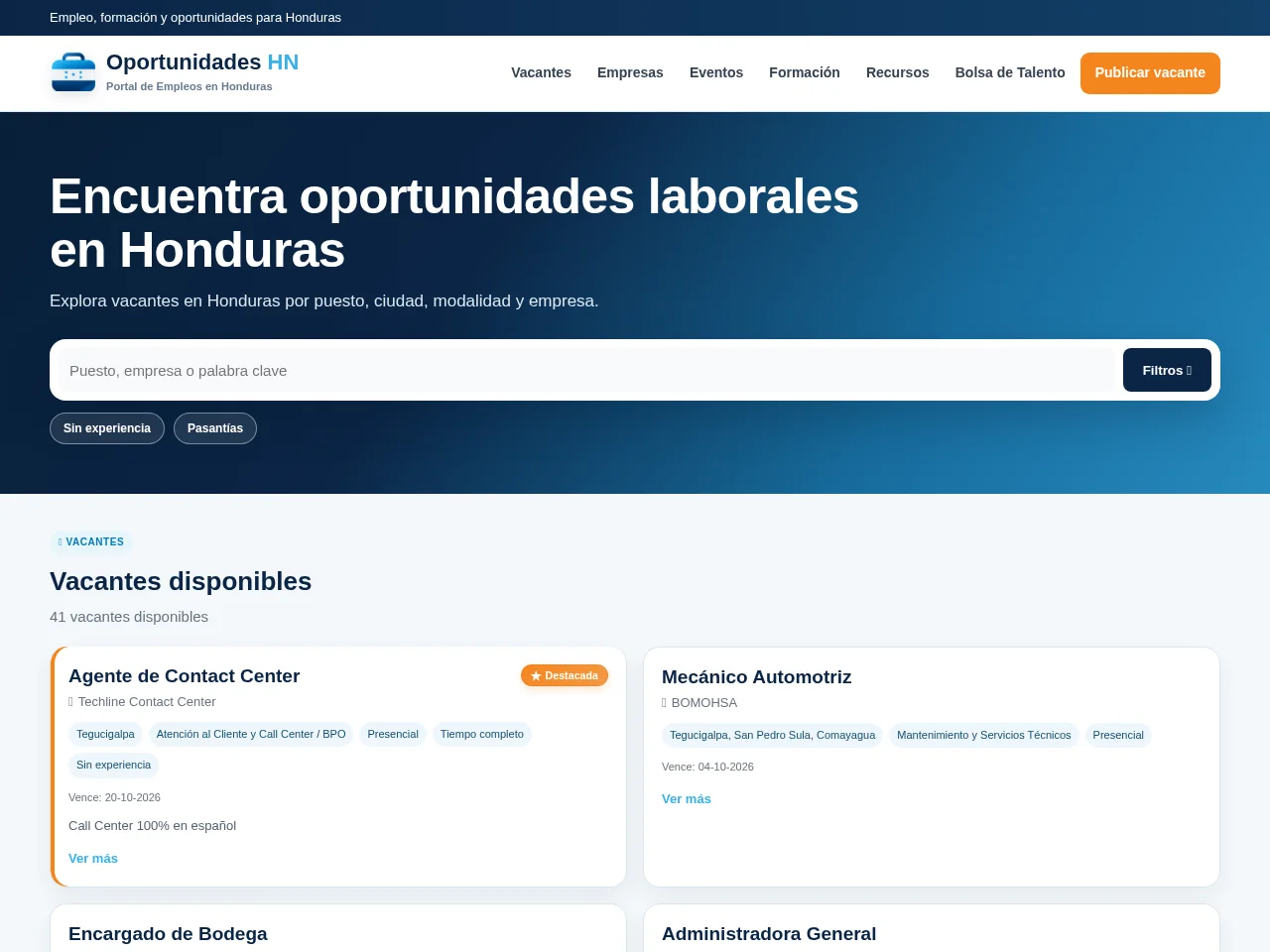 Oportunidades HN screenshot Oportunidades HN job board platform screenshot showing job search interface