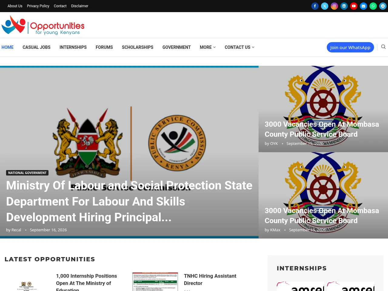 Opportunities for Young Kenyans job board platform screenshot showing job search interface