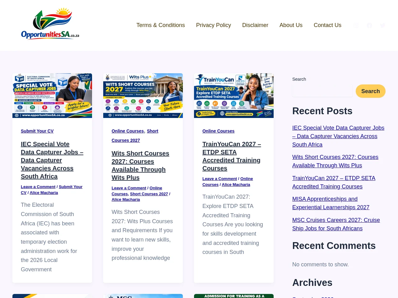 Opportunities SA job board platform screenshot showing job search interface