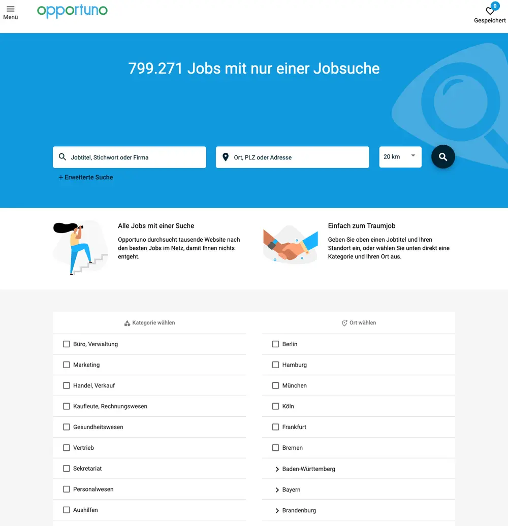Opportuno job board platform screenshot showing job search interface