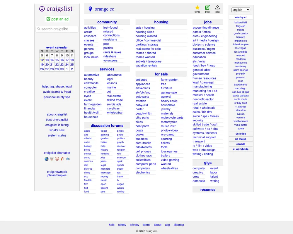 craigslist: orange co job board platform screenshot showing job search interface