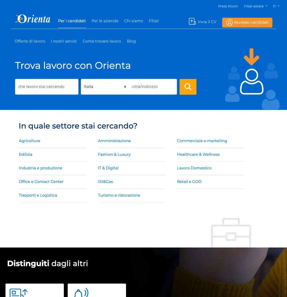 Orienta job board platform screenshot showing job search interface