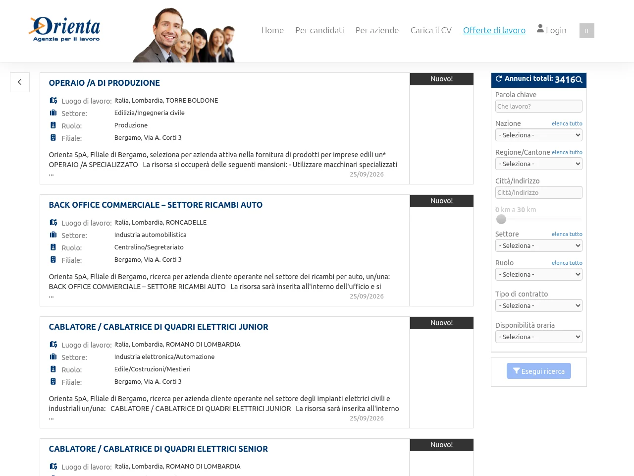 OrientaJob job board platform screenshot showing job search interface