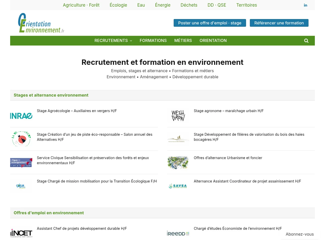 Orientation Environnement job board platform screenshot showing job search interface