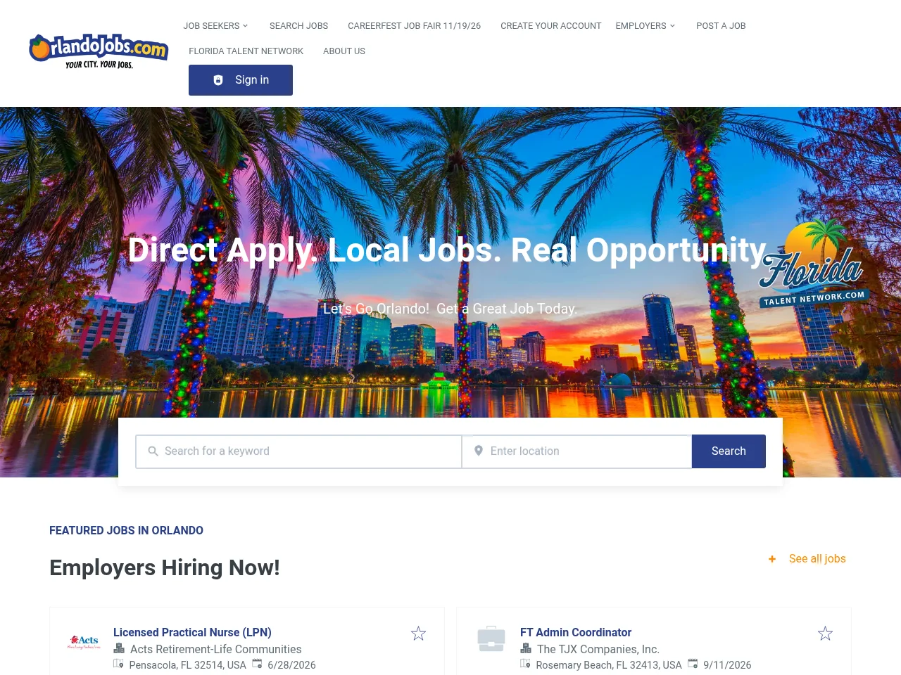 OrlandoJobs.com job board platform screenshot showing job search interface