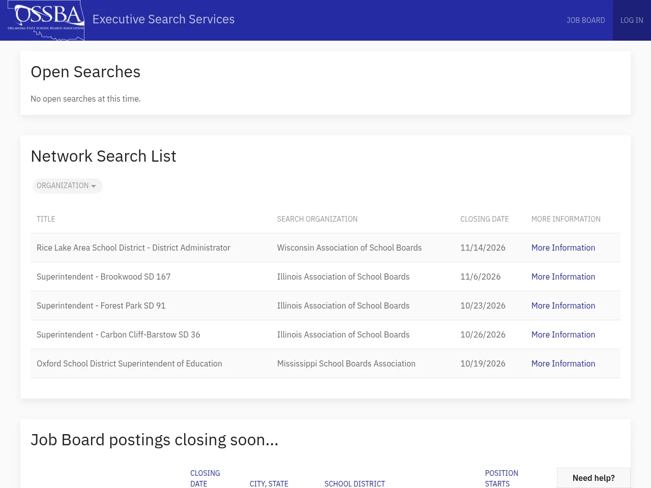 Executive Search Services job board platform screenshot showing job search interface