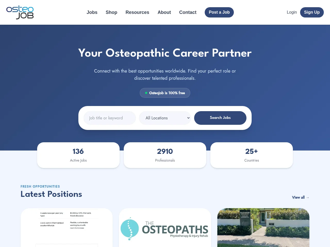 OsteoJob job board platform screenshot showing job search interface