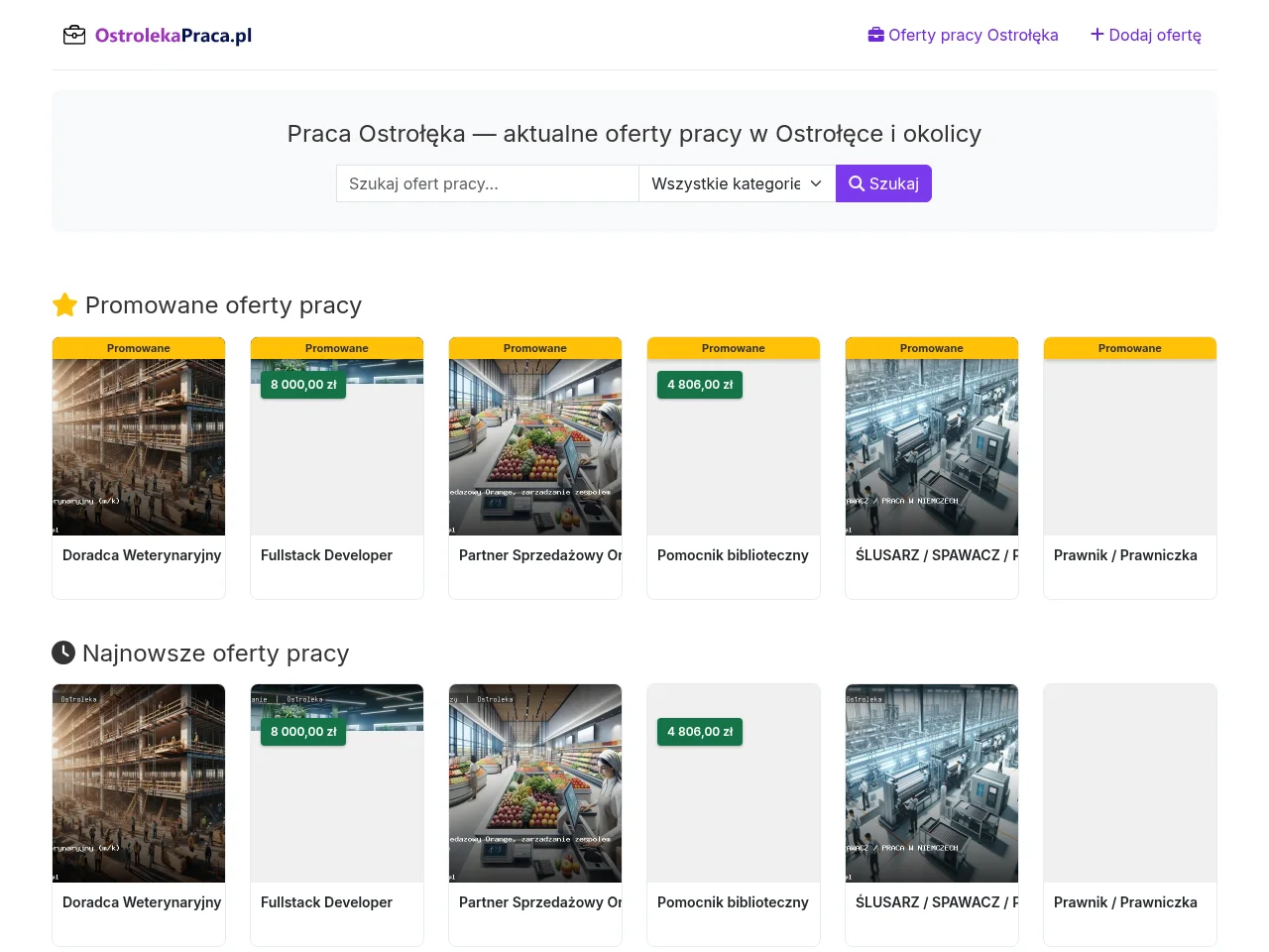 ostrolekapraca.pl job board platform screenshot showing job search interface