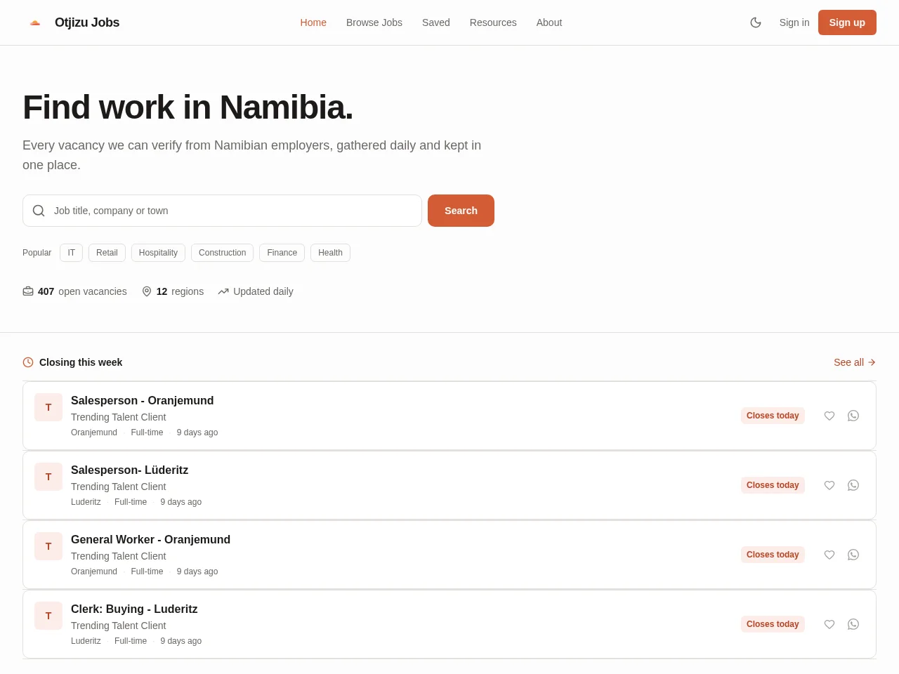 Otjizu Jobs website screenshot