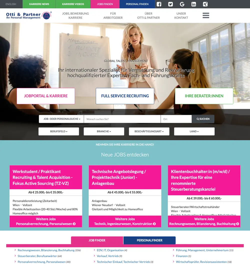 Otti & Partner job board platform screenshot showing job search interface