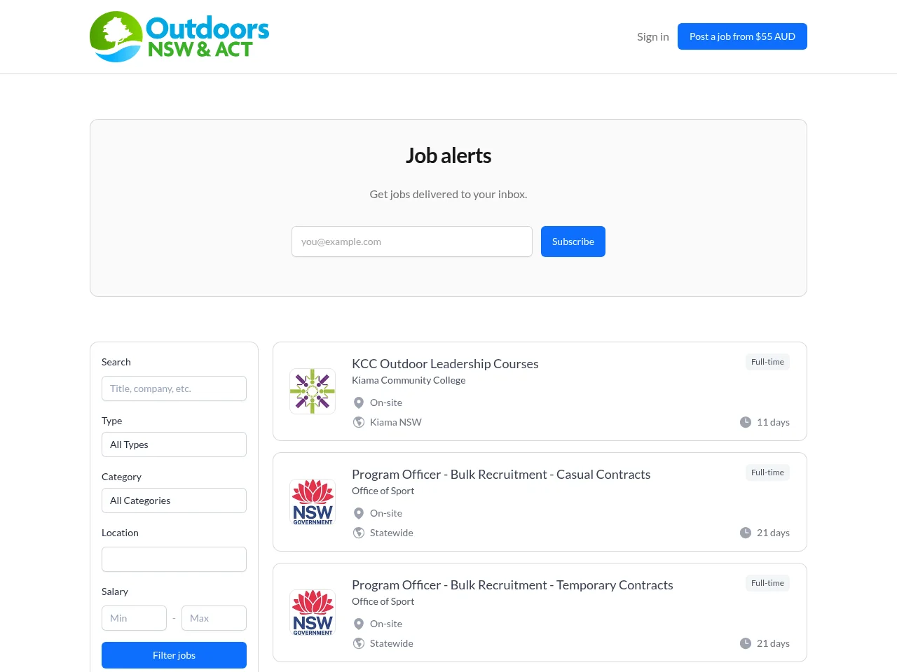 Outdoor Work Australia job board platform screenshot showing job search interface