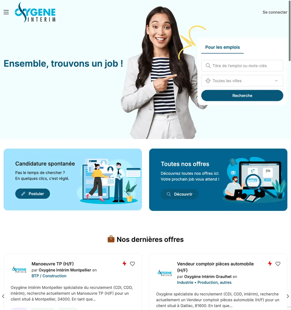 Oxygène Intérim job board platform screenshot showing job search interface