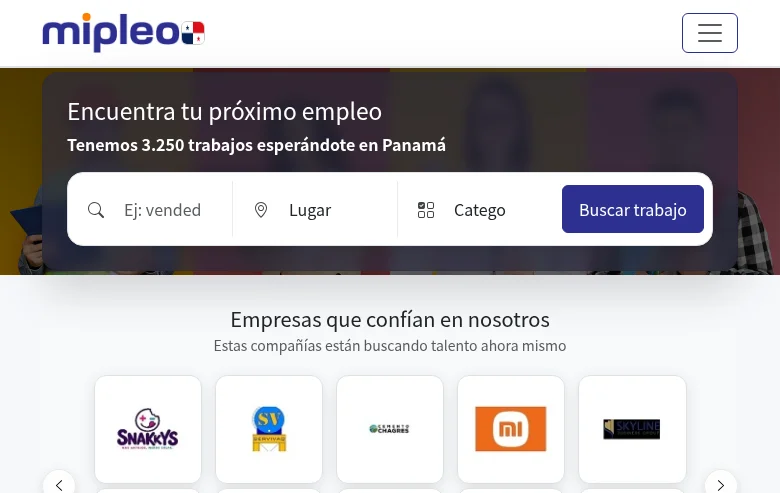 Mipleo Panamá job board platform screenshot showing job search interface