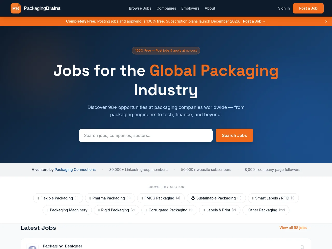 PackagingBrains job board platform screenshot showing job search interface