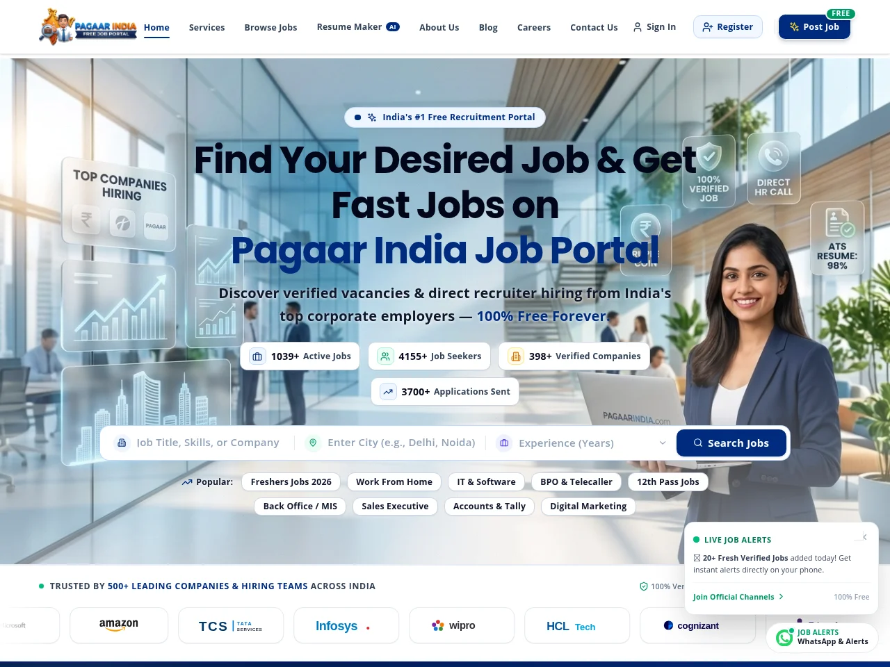 Pagaar India job board platform screenshot showing job search interface