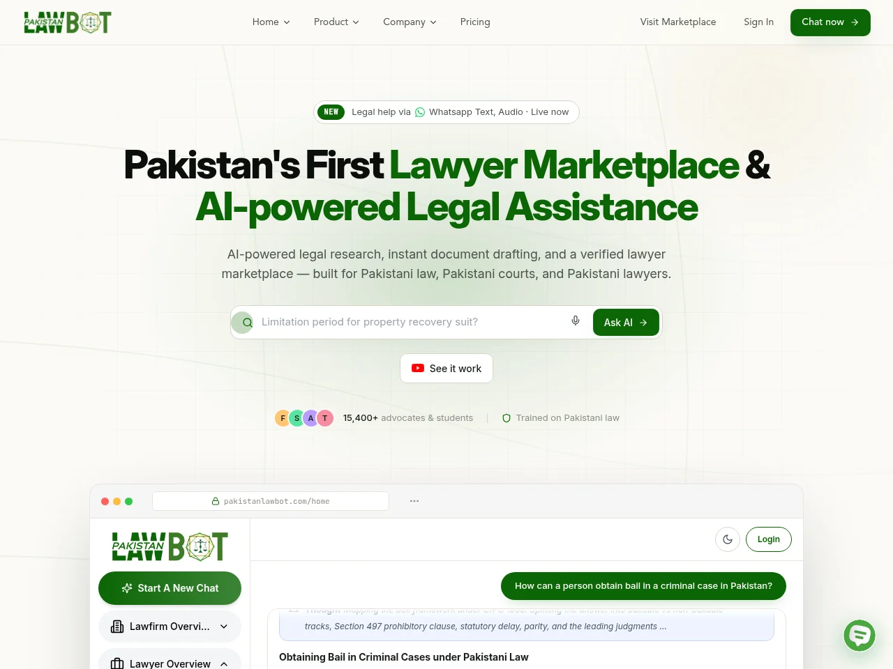Pakistan Law Bot job board platform screenshot showing job search interface