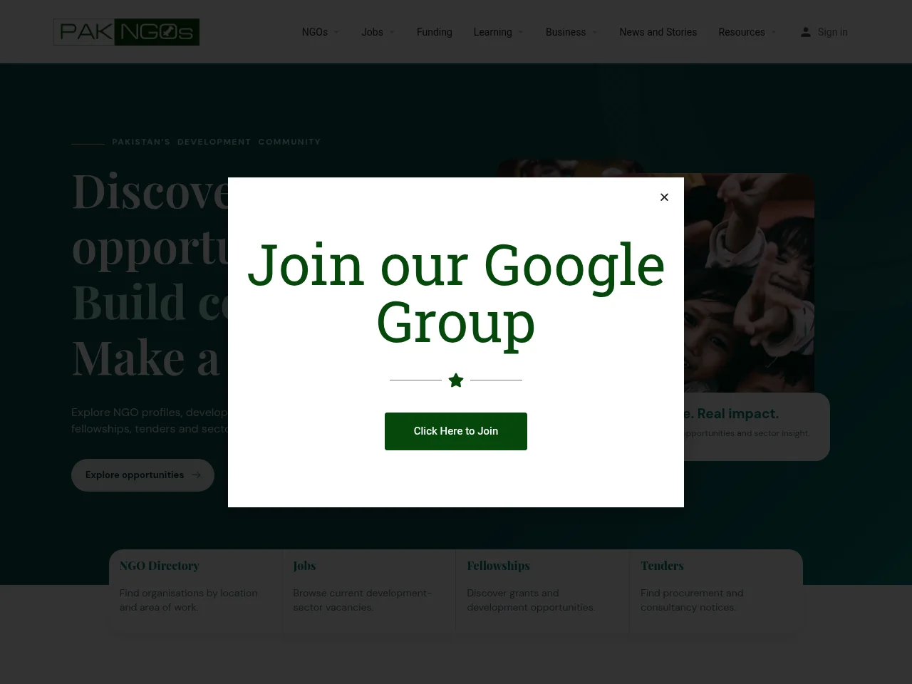 PakNGOs job board platform screenshot showing job search interface