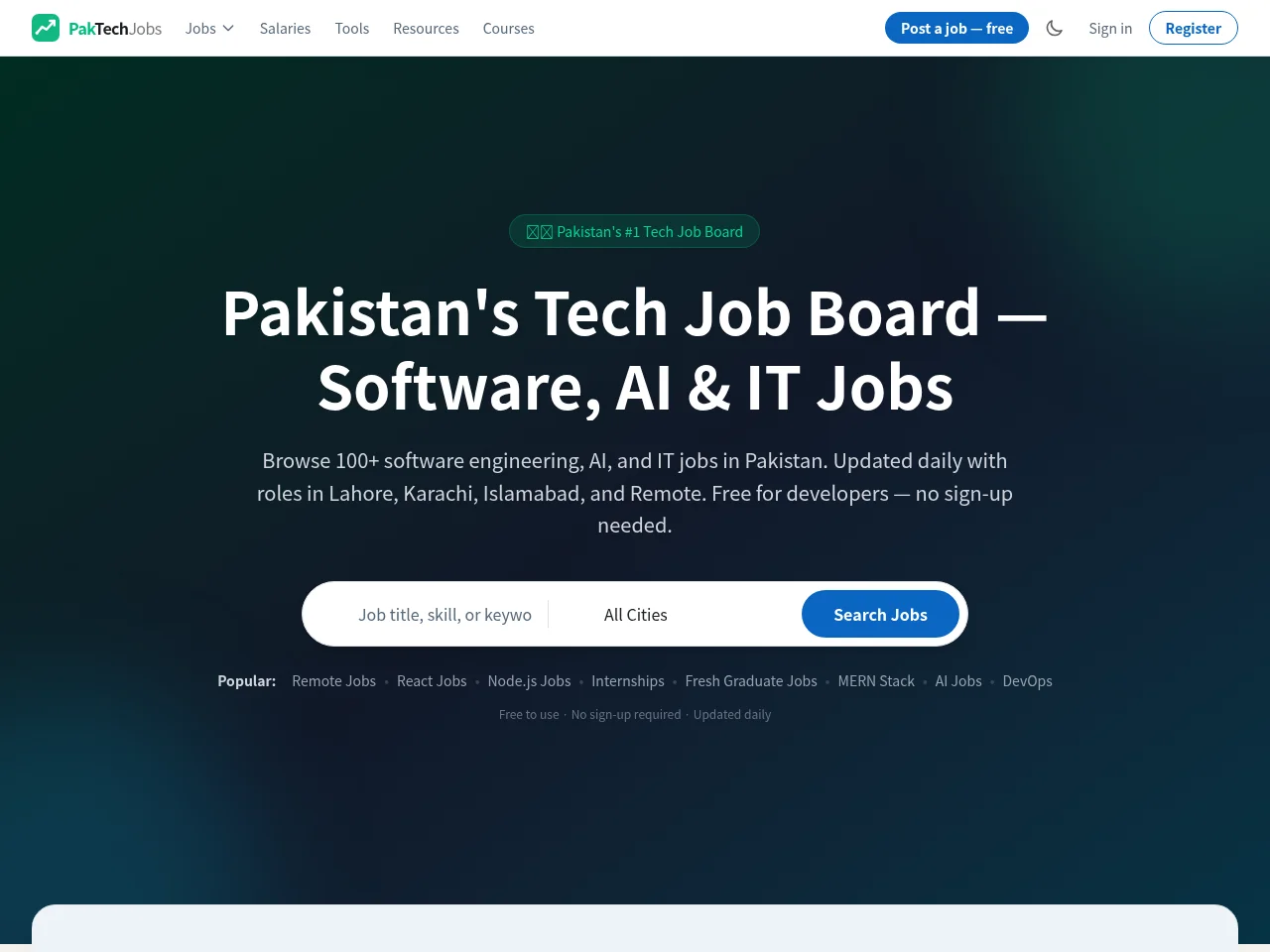 PakTechJobs job board platform screenshot showing job search interface