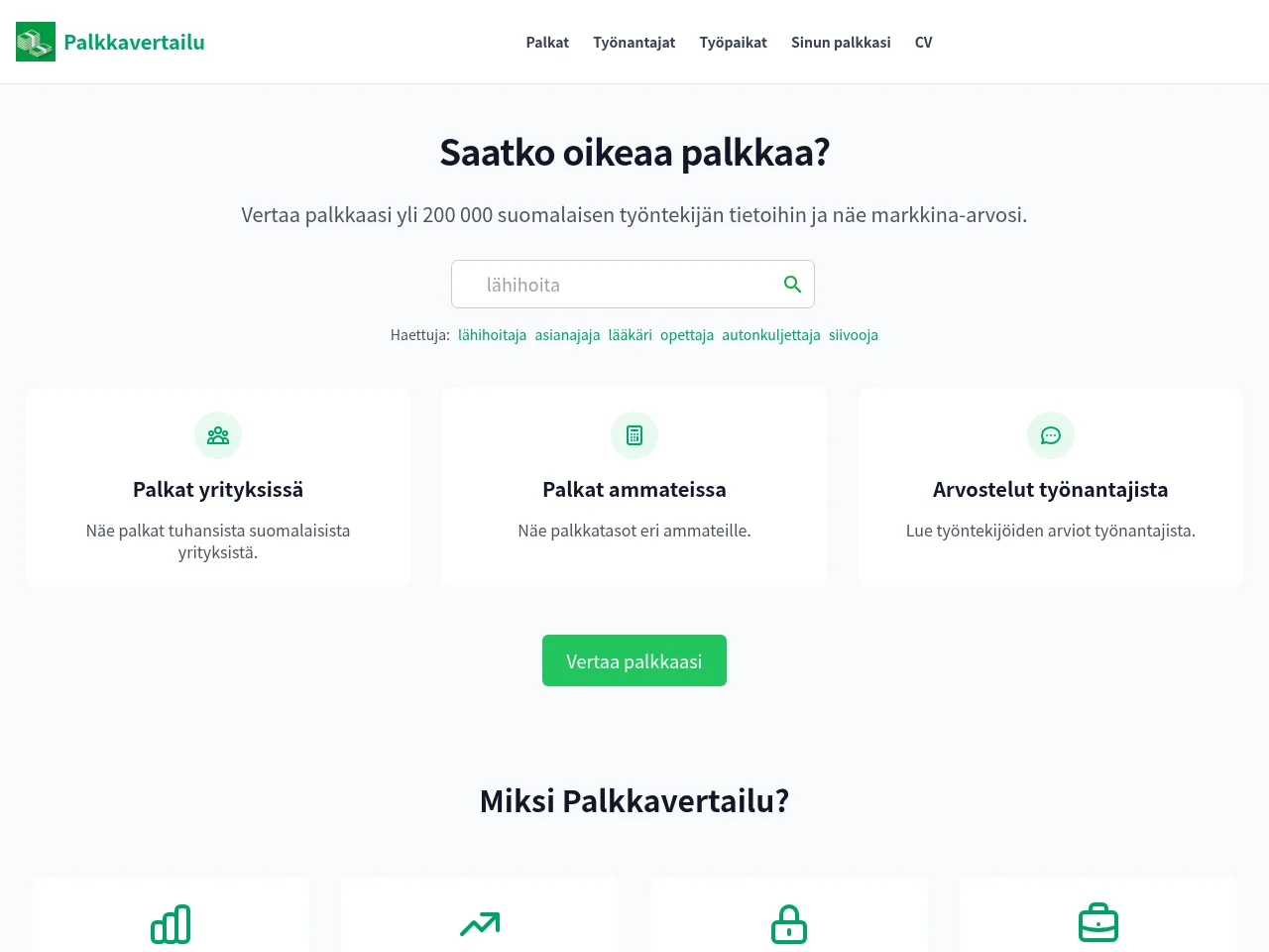 Palkkavertailu job board platform screenshot showing job search interface