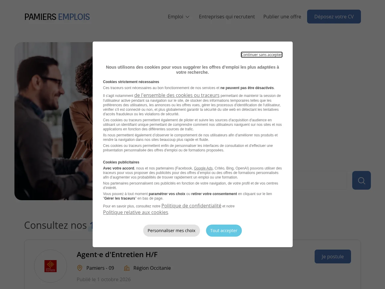 Pamiers Emplois job board platform screenshot showing job search interface