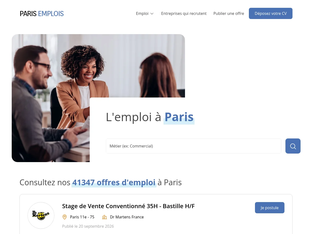 Paris Emplois screenshot Paris Emplois job board platform screenshot showing job search interface