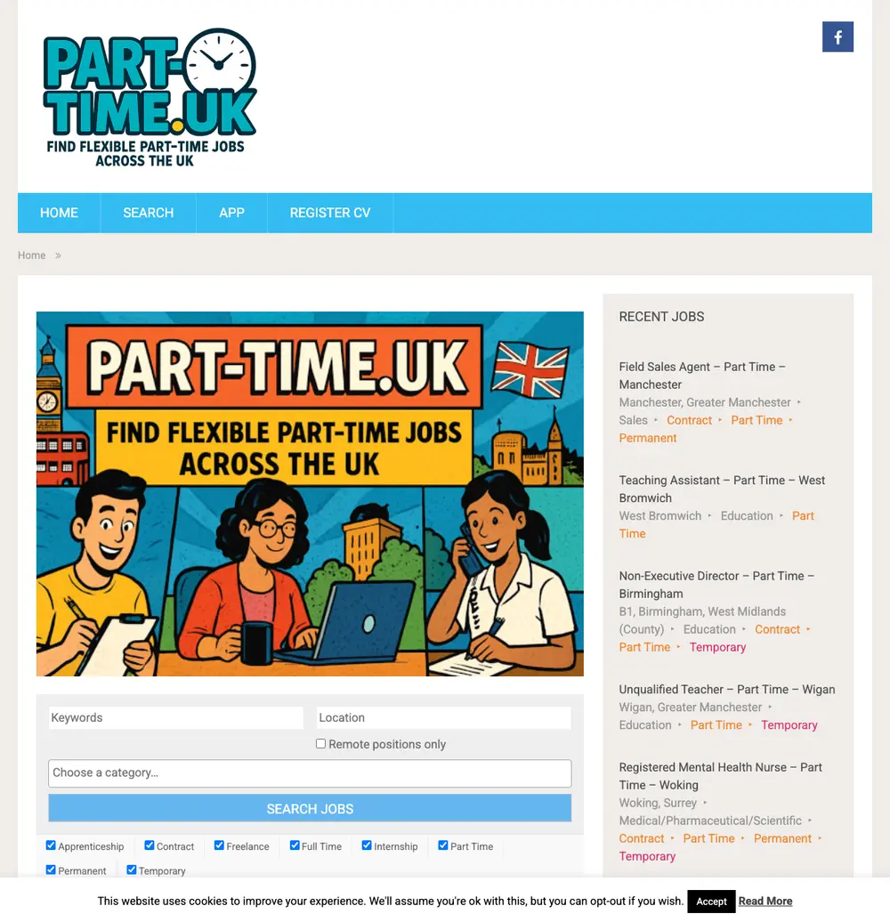 Part-Time.uk job board platform screenshot showing job search interface