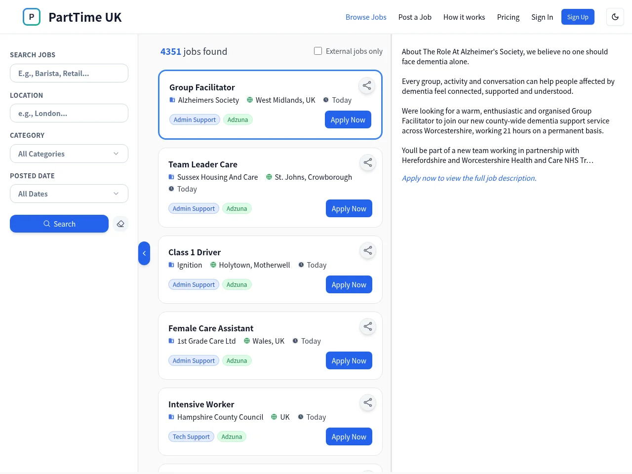 PartTime UK job board platform screenshot showing job search interface